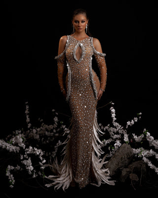 Shimmering Silver Gown with Serpent and Crystal Decor