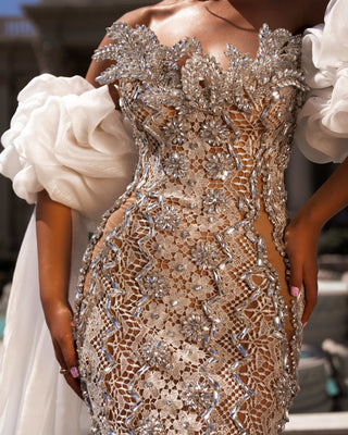 Chic Side Cape Dress Adorned with Dazzling Crystal Details