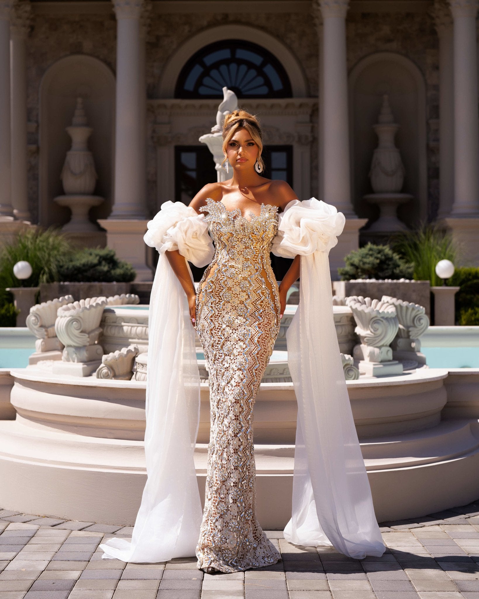 Glamorous Side Cape Dress with Sparkling Crystal Accents