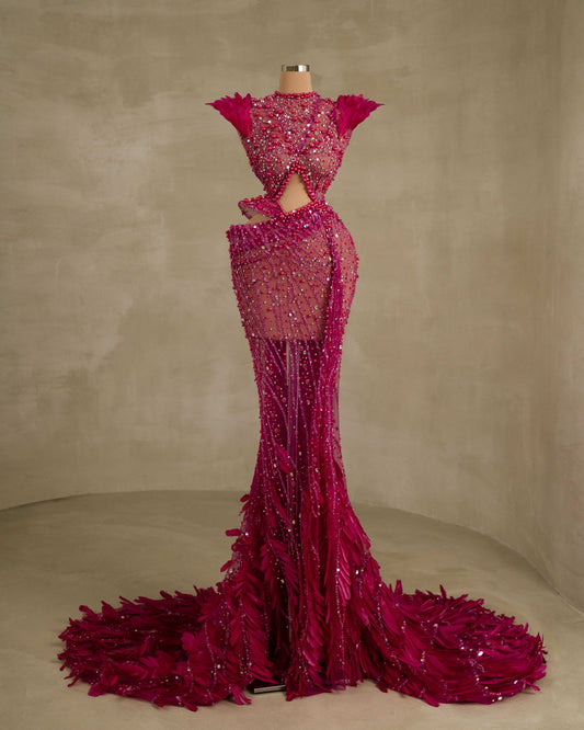 Gorgeous Dress Adorned with Beads and Feather Accents