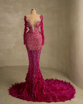 Elegant Dress with Exquisite Stone and Feather Embellishments