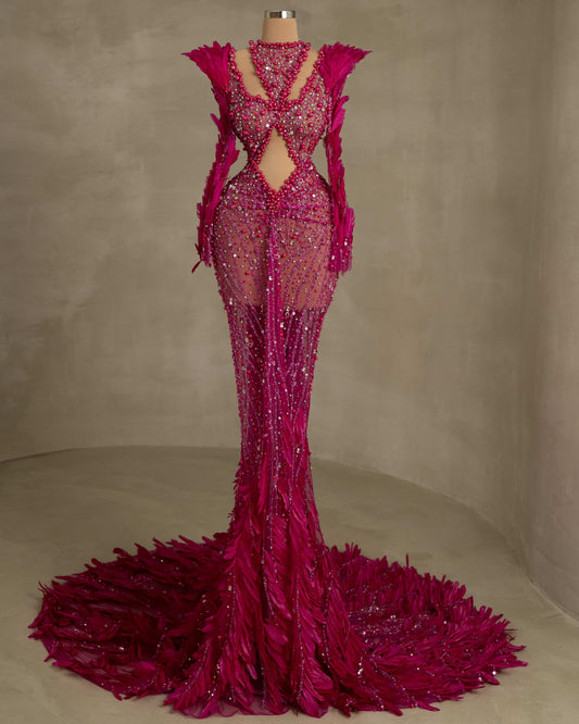 Stunning Cutout Dress with Intricate Beadwork and Feather Embellishments