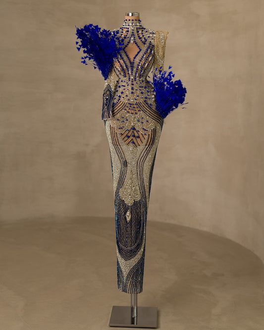 Stunning Dress Adorned with High-Neck Stone and Feather Embellishments