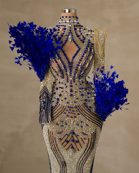 Elegant High-Neck Dress with Sparkling Stone and Feather Embellishments