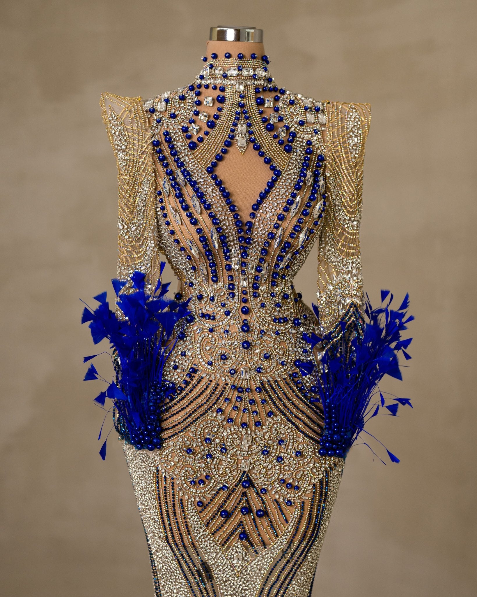 Elegant Cut-in Chest Dress Adorned with Stones and Feather Embellishments