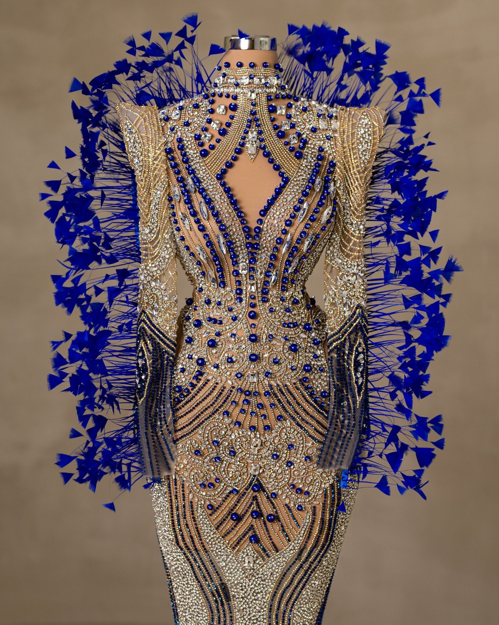 Elegant Maxi-Length Dress Adorned with Stones and Feather Embellishments