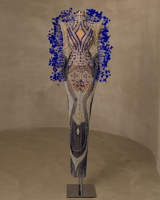 Stunning Stone and Feather Embellished Maxi Dress for a Glamorous Look