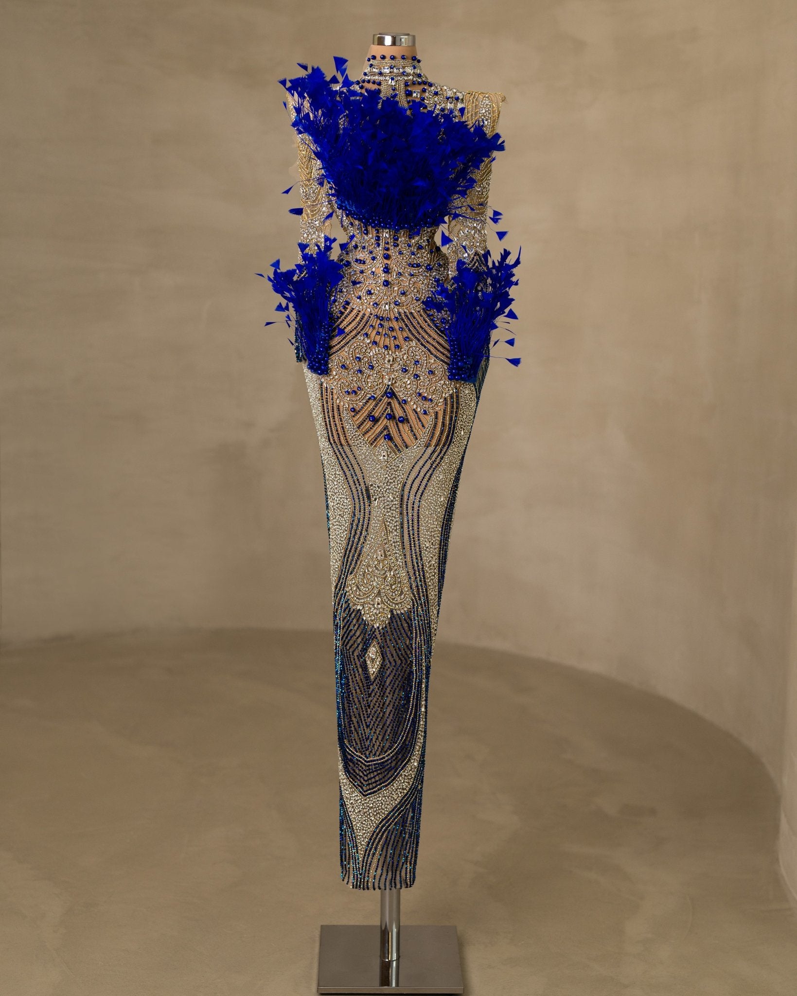 Stunning Stone and Feather Embellished High Neck Dress for a Glamorous Look