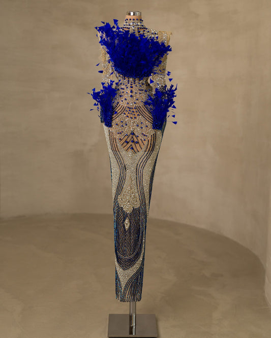 Stunning Stone and Feather Embellished High Neck Dress for a Glamorous Look