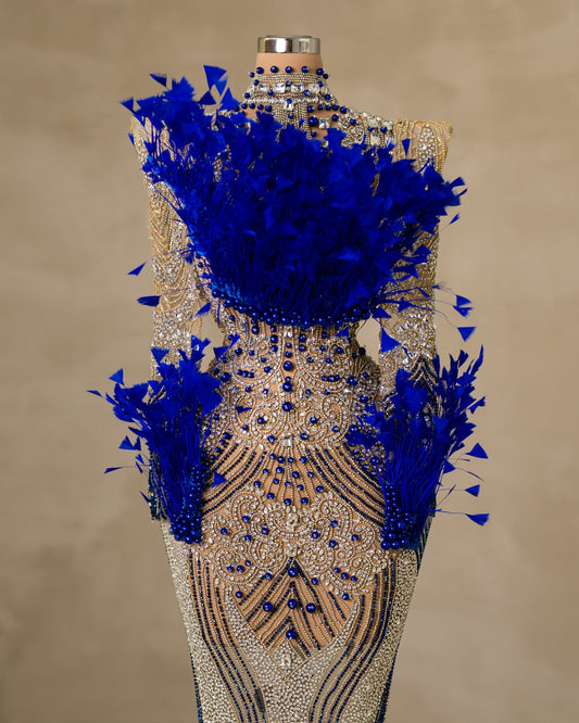 Elegant High Neck Dress Adorned with Sparkling Stones and Feather Embellishments