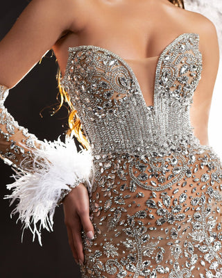 Close-Up Detail of Silver Dress Embellished with Crystals and Feathers