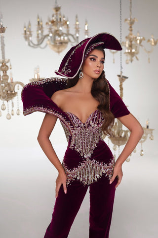 Burgundy Velvet Jumpsuit - Luxurious Evening Wear with Stone Embellishments