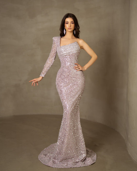 One-Shoulder Maxi Dress in a beautiful light lilac shade.