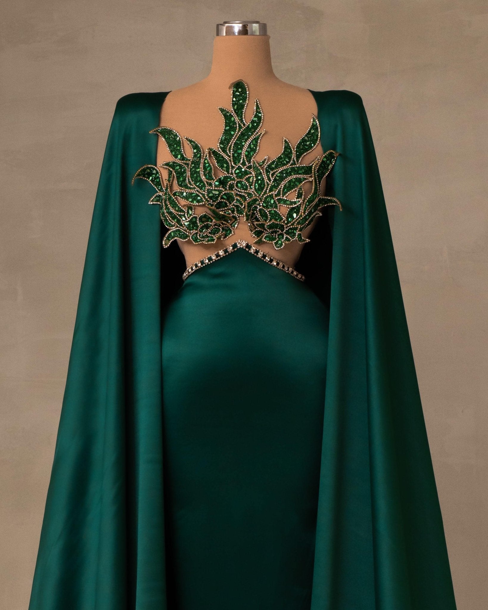 Satin Green Dress with Flowing Cape