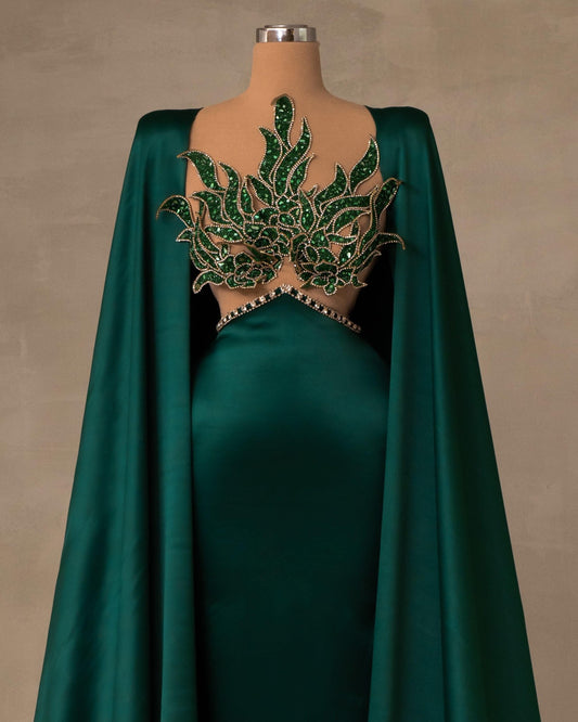 Satin Green Dress with Flowing Cape