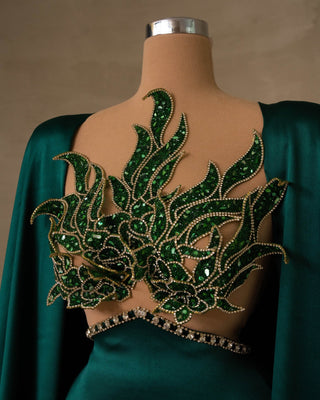 Close-up of Satin Green Dress with Sequins