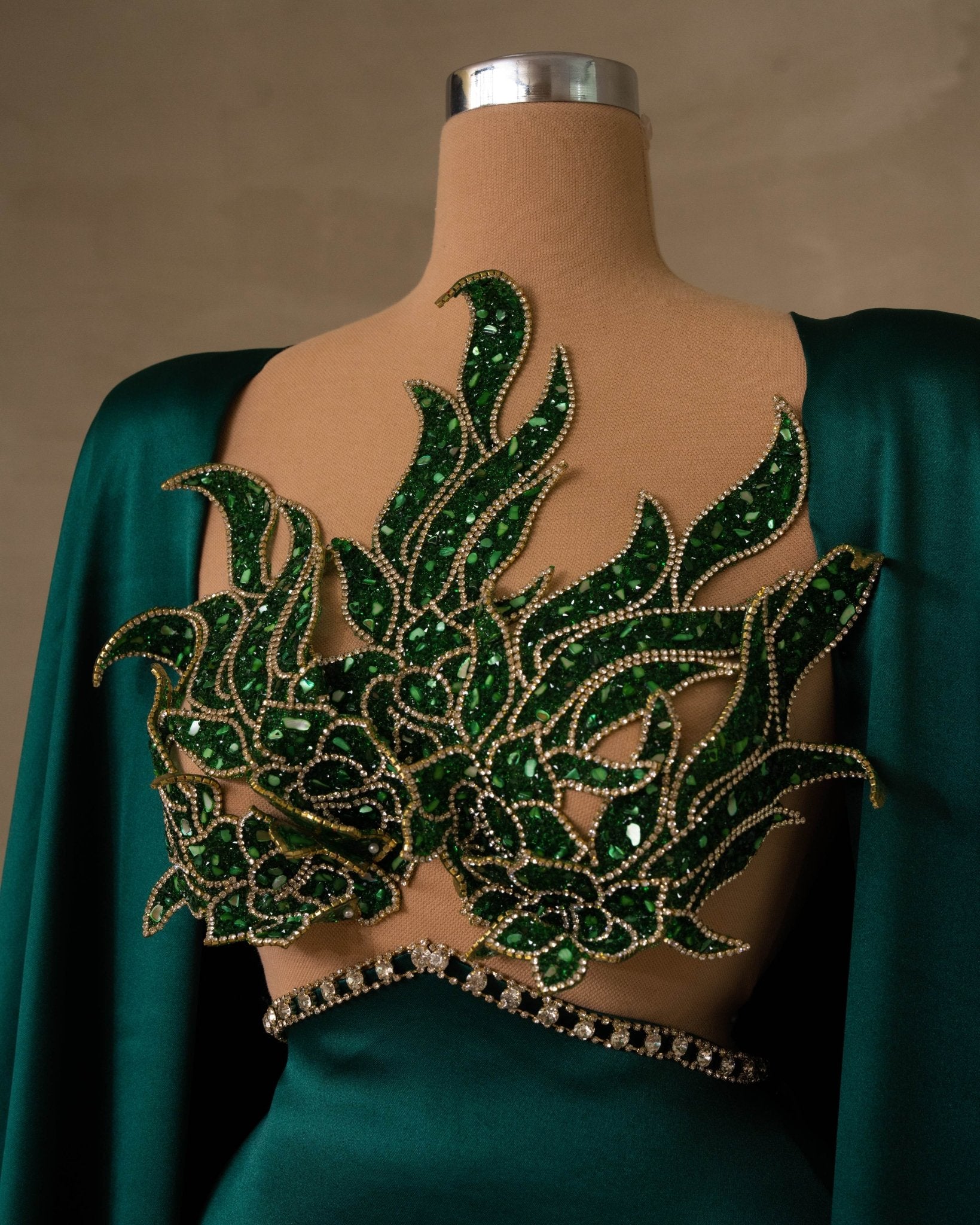 Close-up of Satin Green Dress with Sequins