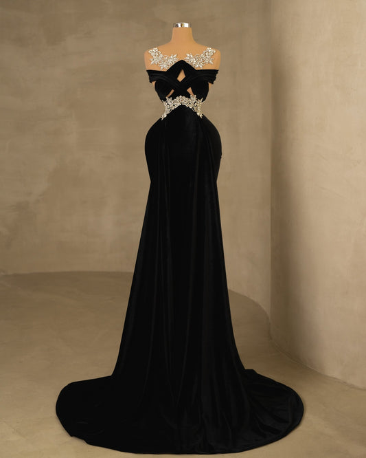 Long Black Velvet Dress with Silver Stones