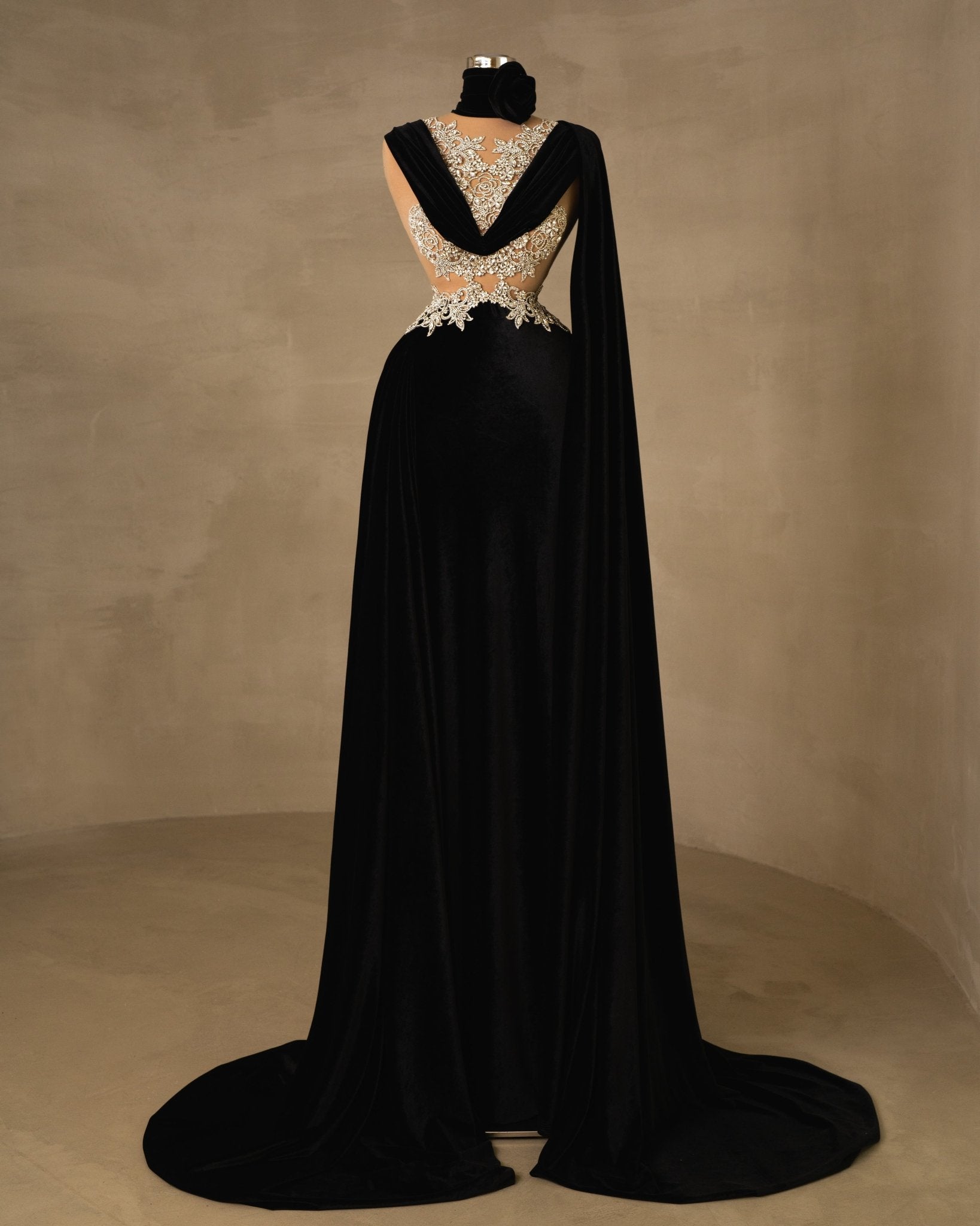 Long Velvet Black Dress with Cape and Stones