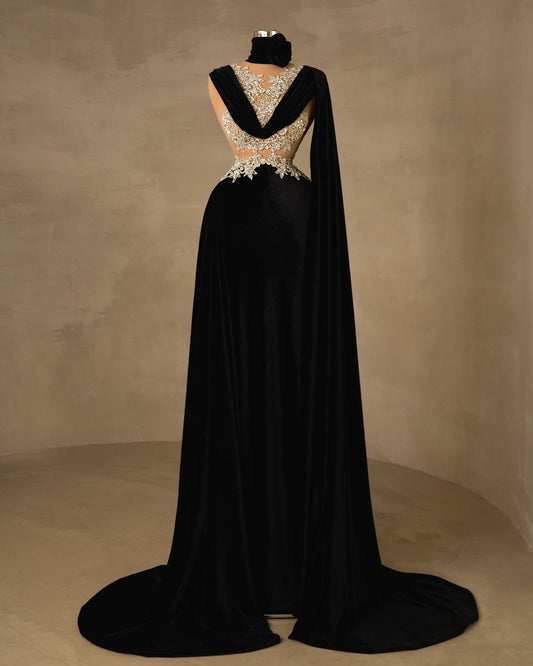 Long Velvet Black Dress with Cape and Stones