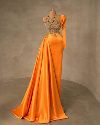 Elegant One-Shoulder Orange Evening Gown