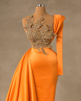 Orange Satin Dress with One-Shoulder Style