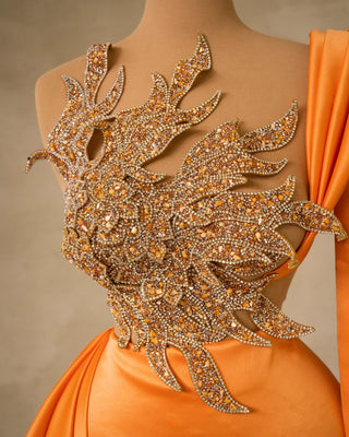 Detailed View of Bust Design on Orange Dress