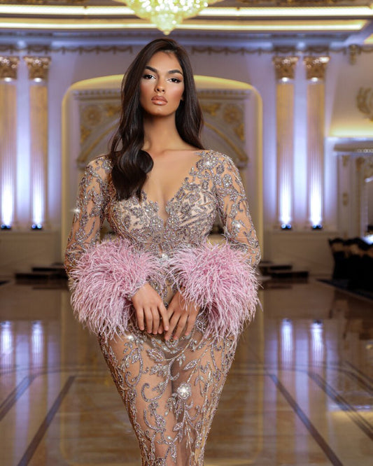 FeathersLong SleevesPinkWomen - Blini Fashion House