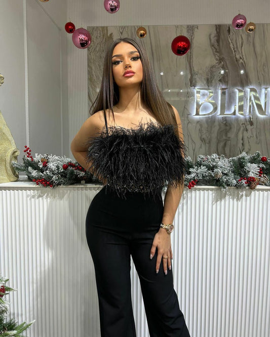 Black Jumpsuit with Feather Embellishments - Elegant Evening Wear