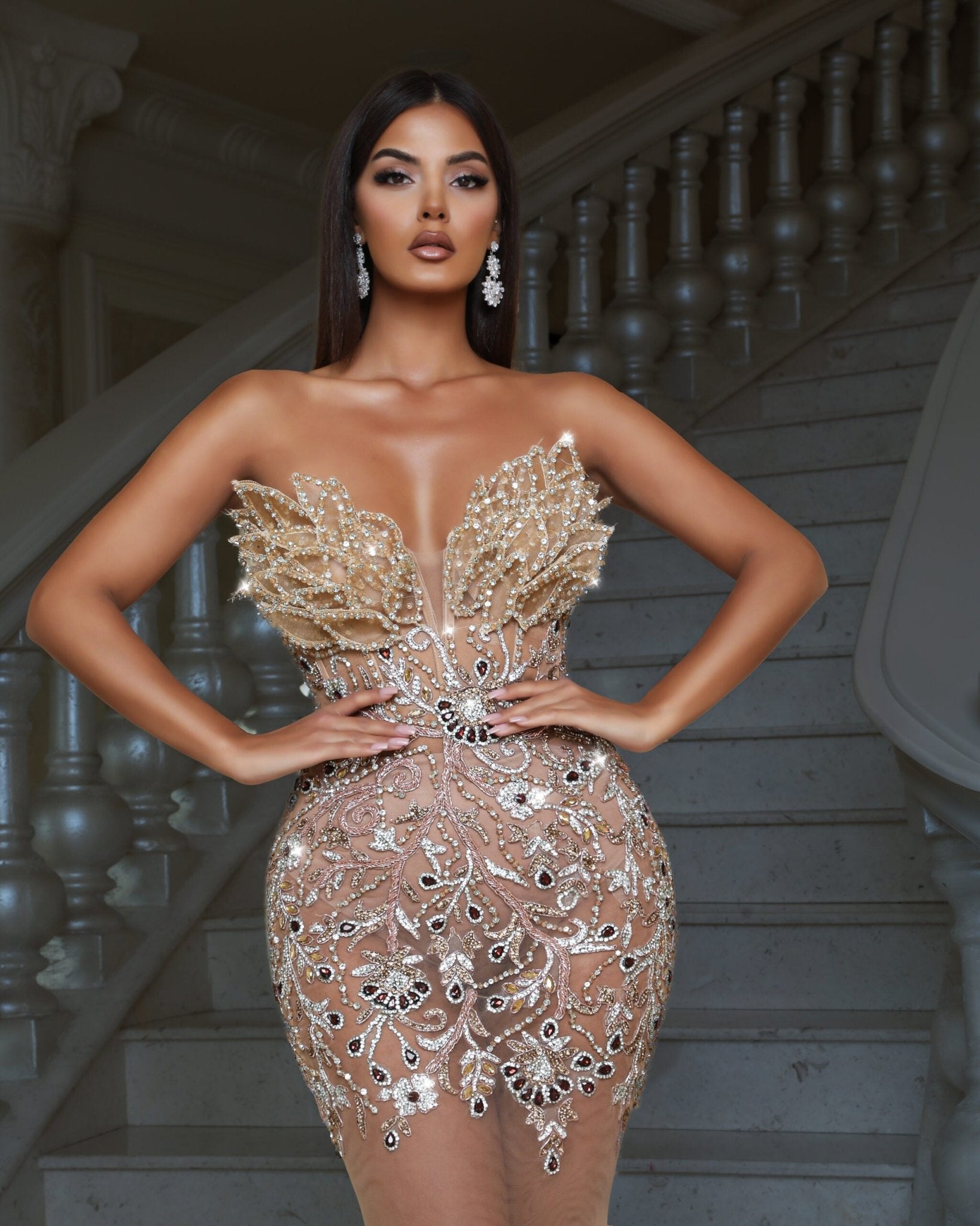 BeadsGoldLong DressWomen - Blini Fashion House