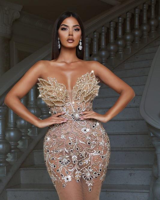 BeadsGoldLong DressWomen - Blini Fashion House