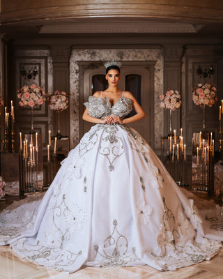 Elegant Bridal Dress with Thin Straps and 3D Design