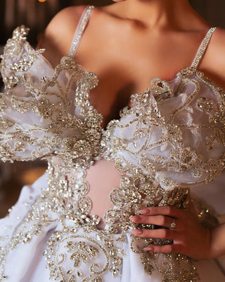 Close-up of 3D Design with Stones and Crystals on Bridal Dress