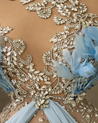 Intricate Stone Embellishments on Light Blue Dress Bodice
