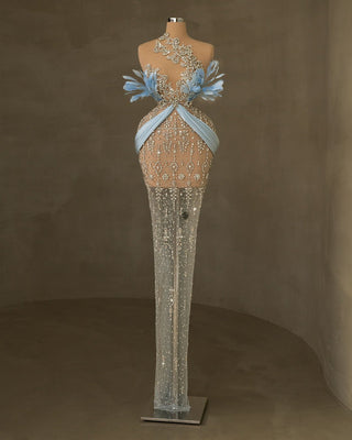 Long Light Blue Gown with Feather Accents