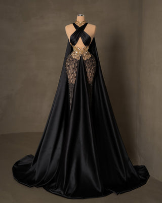 Black Cross X Satin Detail Dress - Floor-Length Cape and Front Tail