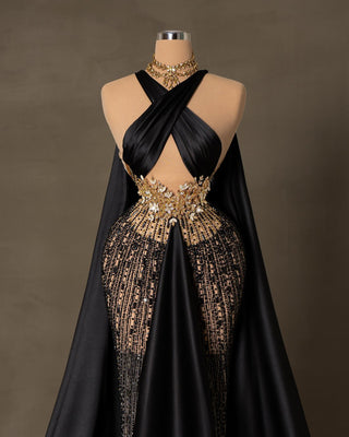 Luxury Lace Black Dress with Gold Stones - Elegant Evening Gown