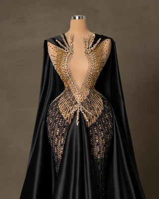 Luxurious Black Lace Gown with Gold Stones - Elegant Evening Dress
