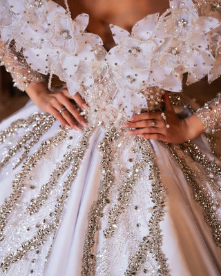 Close-up of Crystal and Stone Embellishments on Bridal Gown