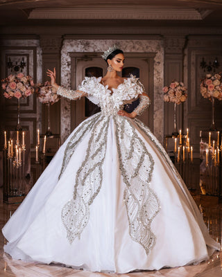 Off-Shoulder Bridal Gown Adorned with 3D Flowers
