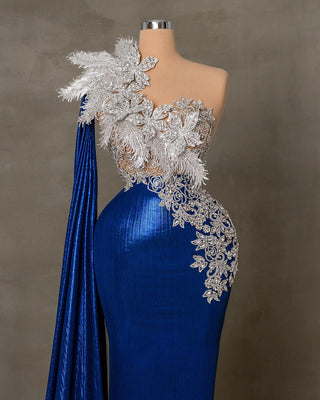 Elegant Sleeveless Blue Dress with Side Cape