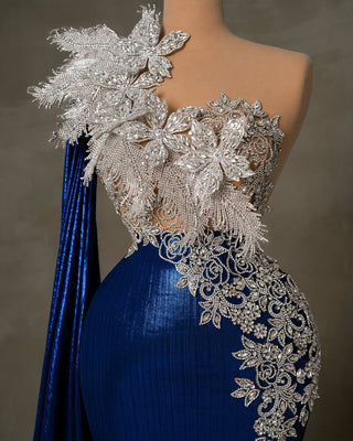 Details of Silver Embellishments on Sleeveless Blue Dress