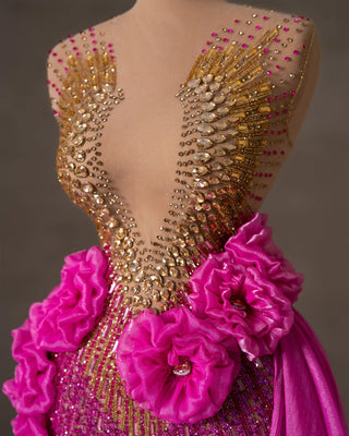 Detailed View of Pink Dress Bodice with Gold Stone Embellishments