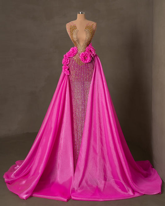 Luxury Pink Dress Adorned with Gold Stones