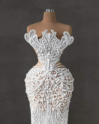 Strapless Bridal Dress Adorned with Pearls - Long Wedding Gown