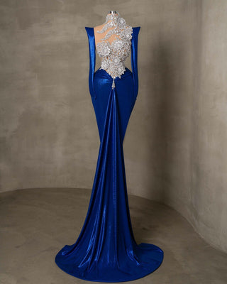 Floor-Length Blue Gown with Long Sleeves