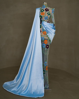 Luxury Light Blue Evening Dress - Intricate Floral Patterns and Satin Details