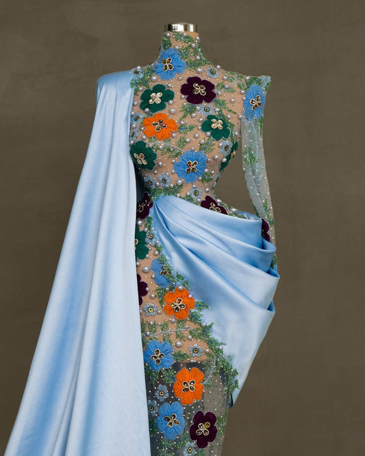 Long Light Blue Dress with Floral Lace - Sophisticated Gown 