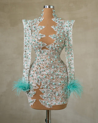 Chic Blue Dress with Feather and Bead Embellishments
