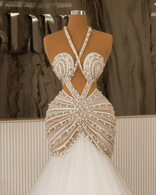 Elegant Cut-Outs Bridal Gown Adorned with Tulle and Crystals